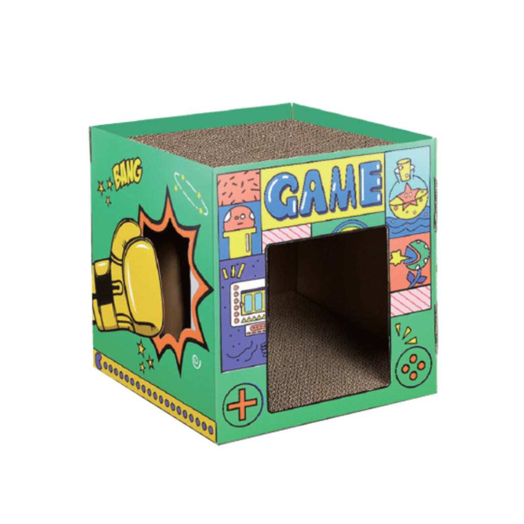 Arcade Game Box Cat Scratcher Cube with Hideout Corrugated Paper